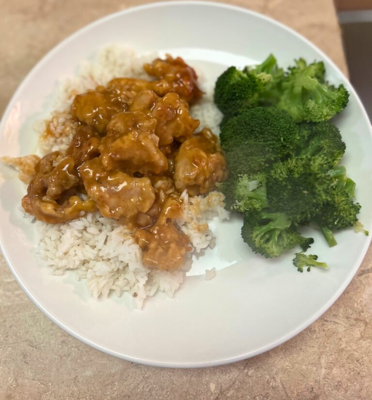 Healthy orange chicken served over steamed rice with broccoli, ready in 30 minutes