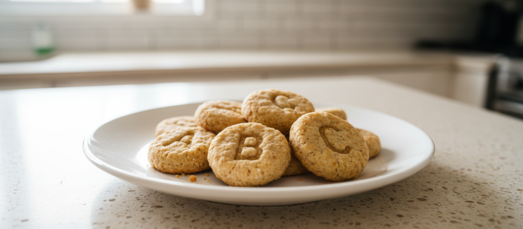 ABC toddler cookies made with applesauce, banana, and chia seed on a white plate on a beige countertop