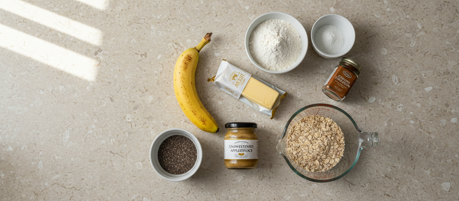 Ingredients for ABC toddler cookies: banana, applesauce, chia seeds, oats, flour, butter, cinnamon, and baking powder on a beige countertop