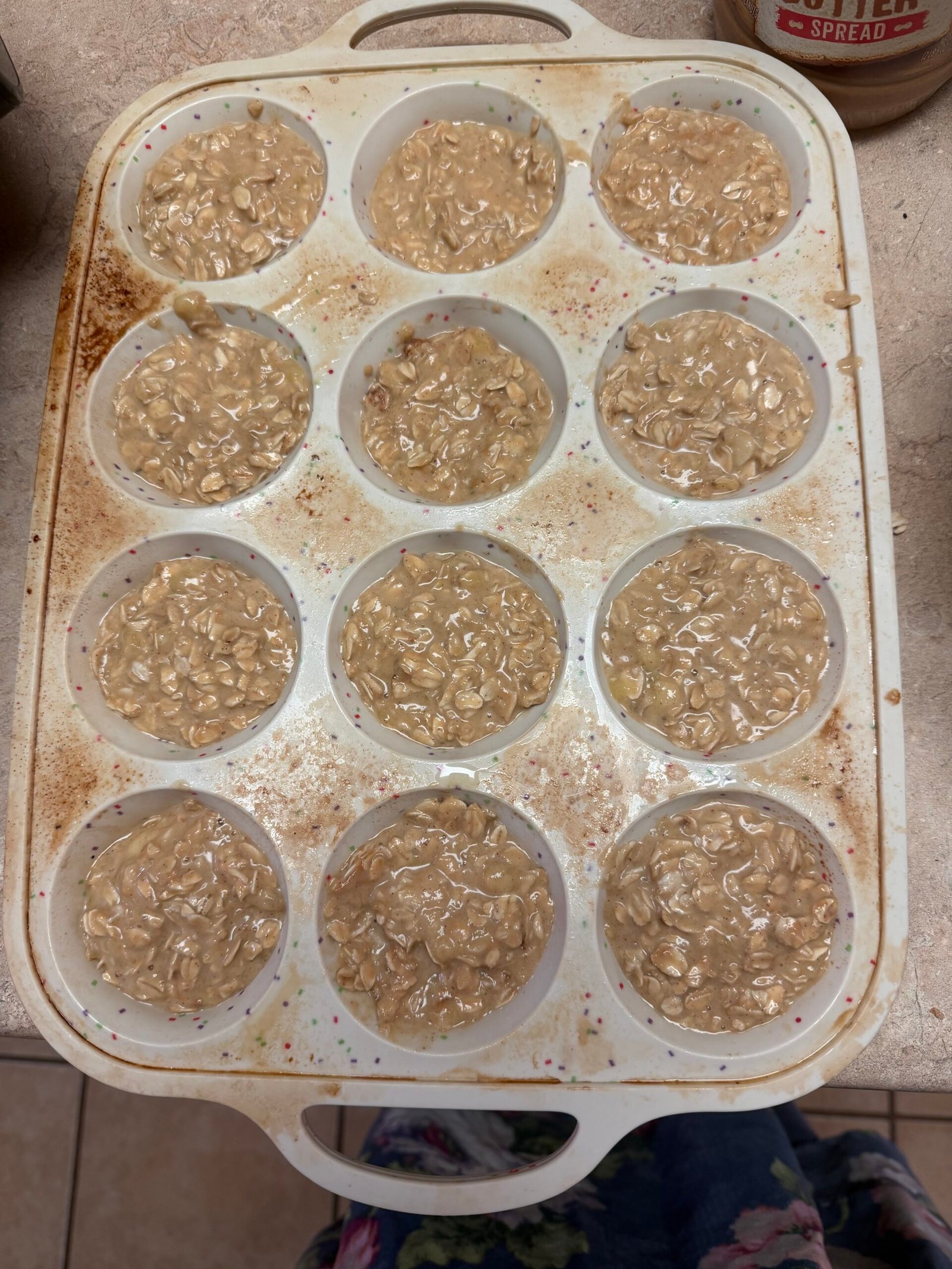 Making Easy PB Banana Oatmeal Muffins